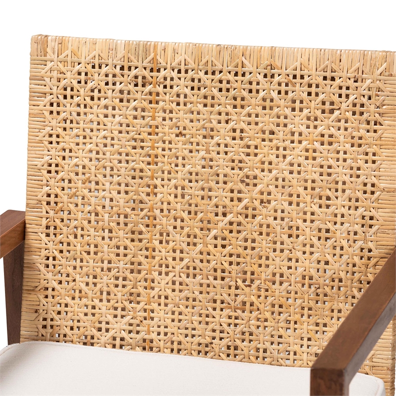 Pemberly Row Light Honey Rattan and Acacia Wood Arm Chair with Cushion