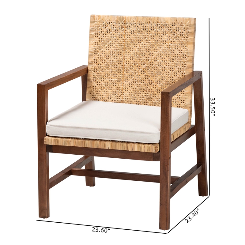 Pemberly Row Light Honey Rattan and Acacia Wood Arm Chair with Cushion