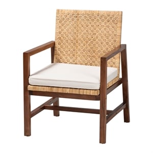 Pemberly Row Light Honey Rattan and Acacia Wood Arm Chair with Cushion
