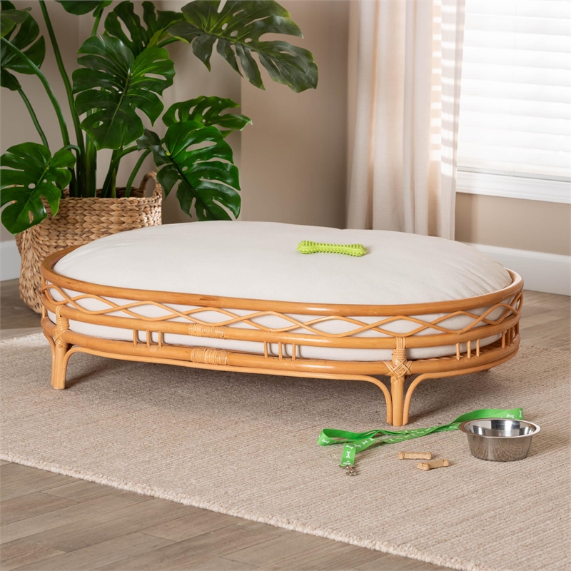 Pemberly Row Honey Rattan Oval Pet Bed with Removable Cushion