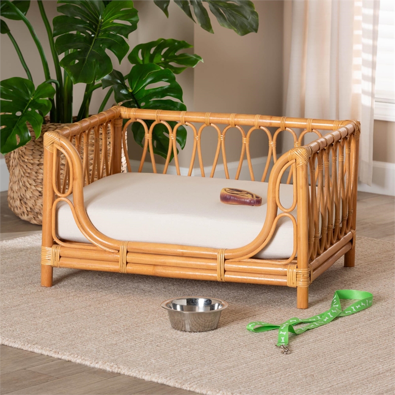 Pemberly Row Honey Rattan Pet Bed with Raised Borders and Cushion