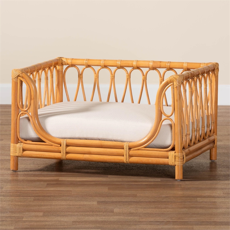 Pemberly Row Honey Rattan Pet Bed with Raised Borders and Cushion