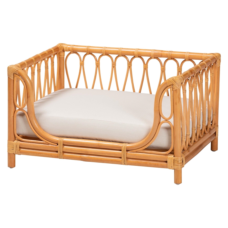 Pemberly Row Honey Rattan Pet Bed with Raised Borders and Cushion
