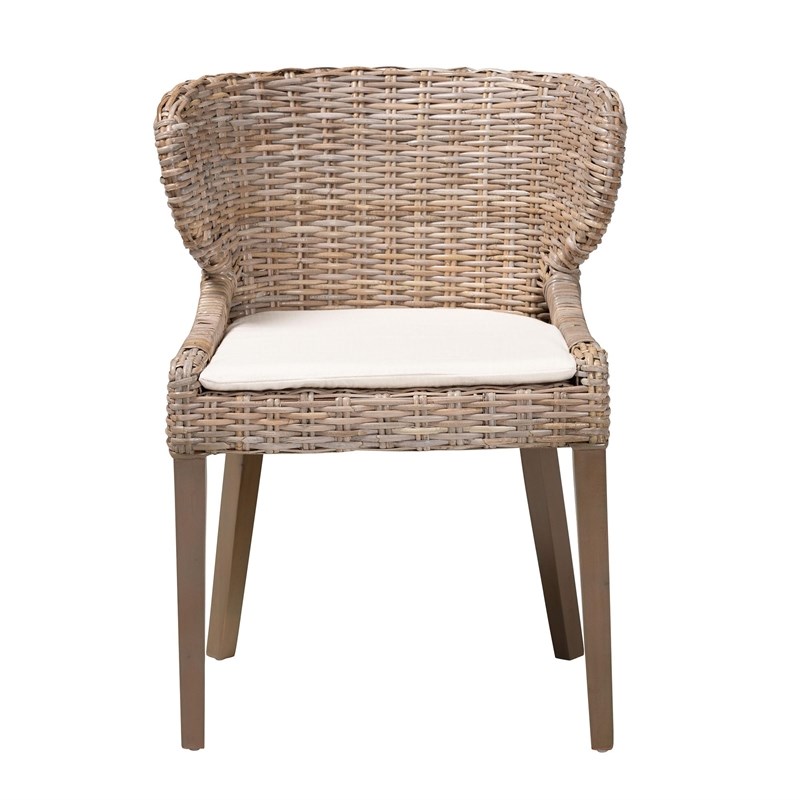 Pemberly Row Gray Kubu Rattan and Mahogany Wood Dining Chair with Cushion