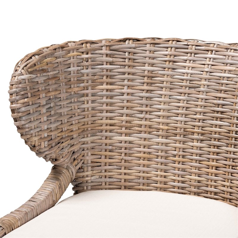 Pemberly Row Gray Kubu Rattan and Mahogany Wood Dining Chair with Cushion