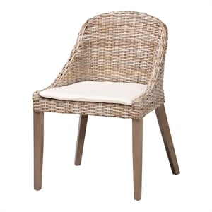 Pemberly Row Gray Kubu Rattan and Mahogany Wood Dining Chair with Cushion