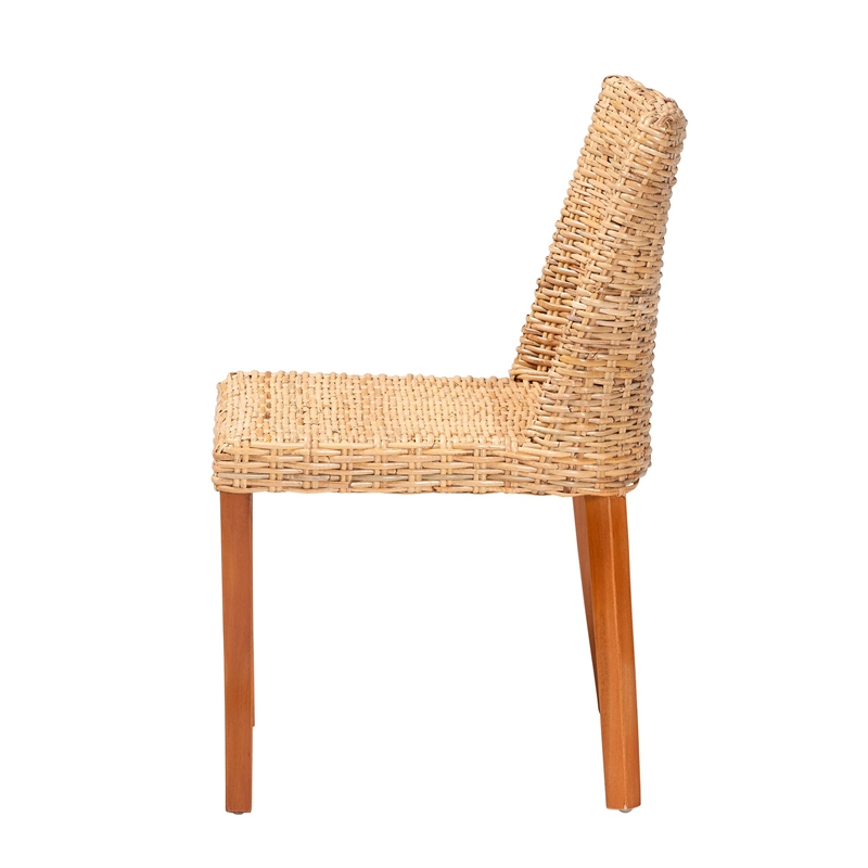 Pemberly Row Light Honey Kubu Rattan and Mahogany Wood Wingback Dining Chair