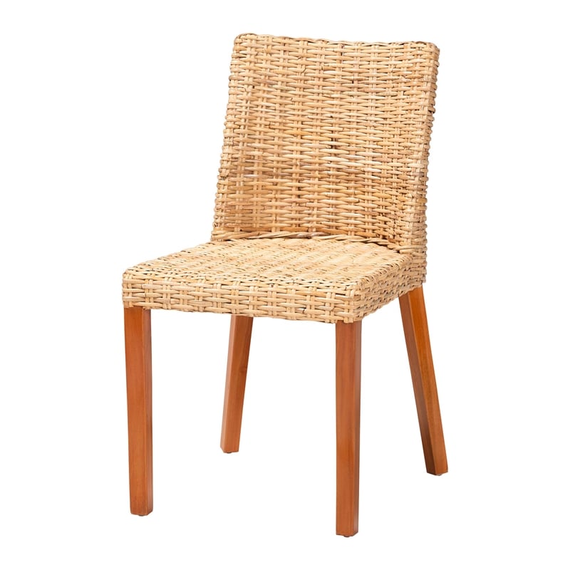 Pemberly Row Light Honey Kubu Rattan and Mahogany Wood Wingback Dining Chair