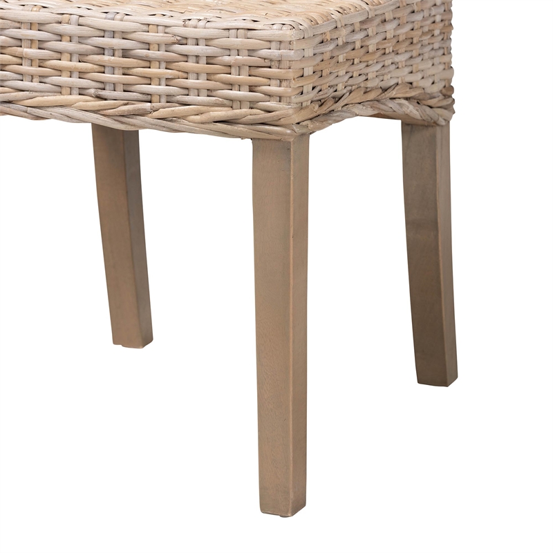 Pemberly Row Gray Kubu Rattan and Mango Wood Dining Chair with Rolled Back