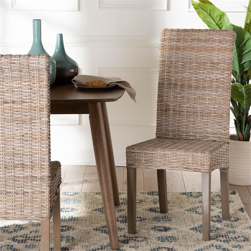 Pemberly Row Gray Kubu Rattan and Mango Wood Dining Chair with Rolled Back