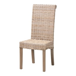 Pemberly Row Gray Kubu Rattan and Mango Wood Dining Chair with Rolled Back