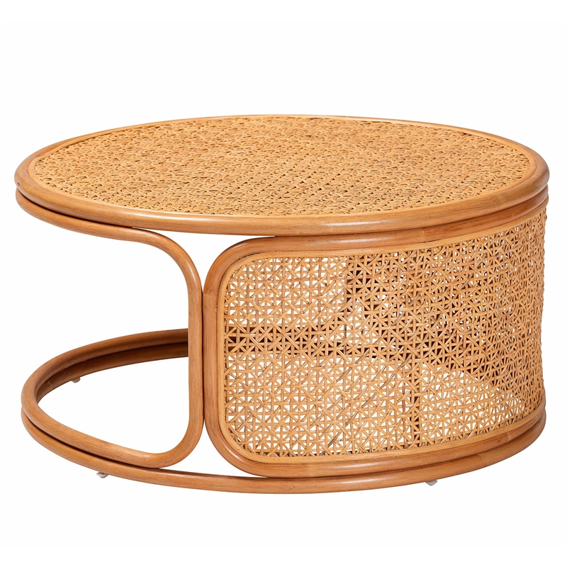 Pemberly Row Honey Rattan Round Coffee Table with Openwork Base