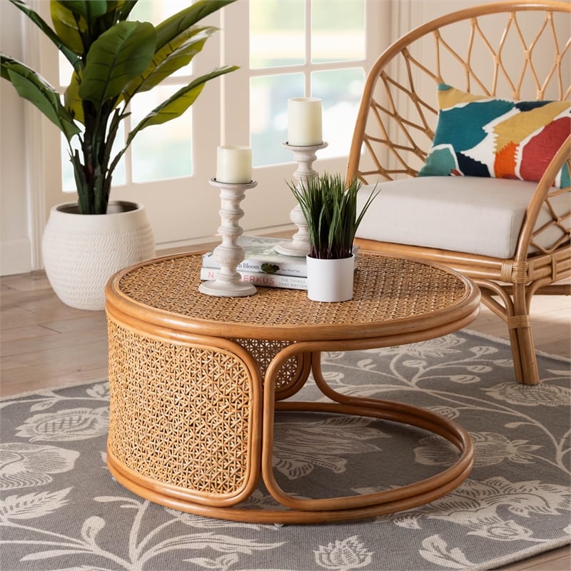 Pemberly Row Honey Rattan Round Coffee Table with Openwork Base