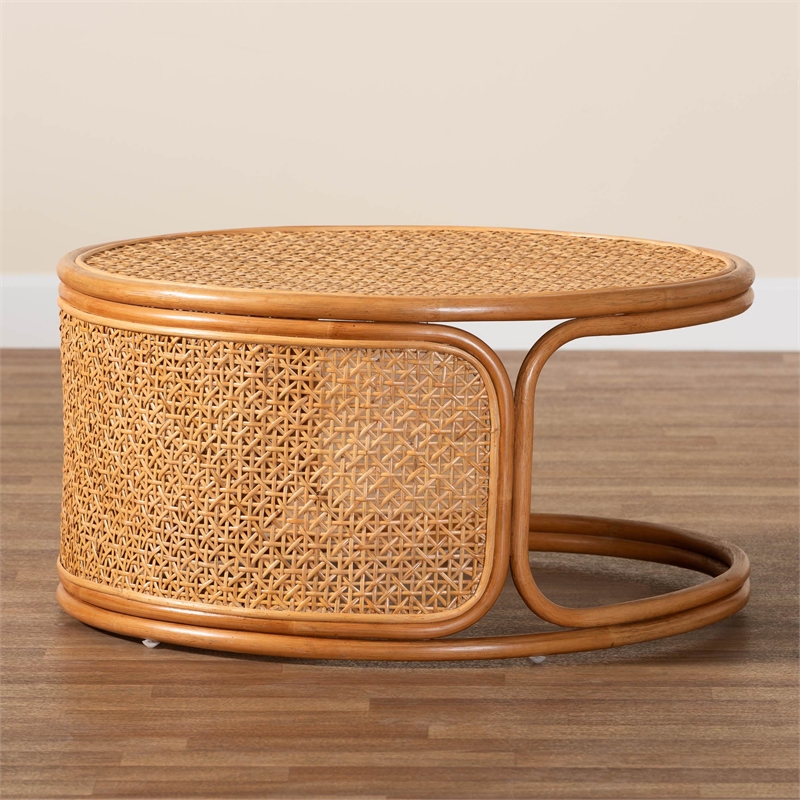 Pemberly Row Honey Rattan Round Coffee Table with Openwork Base