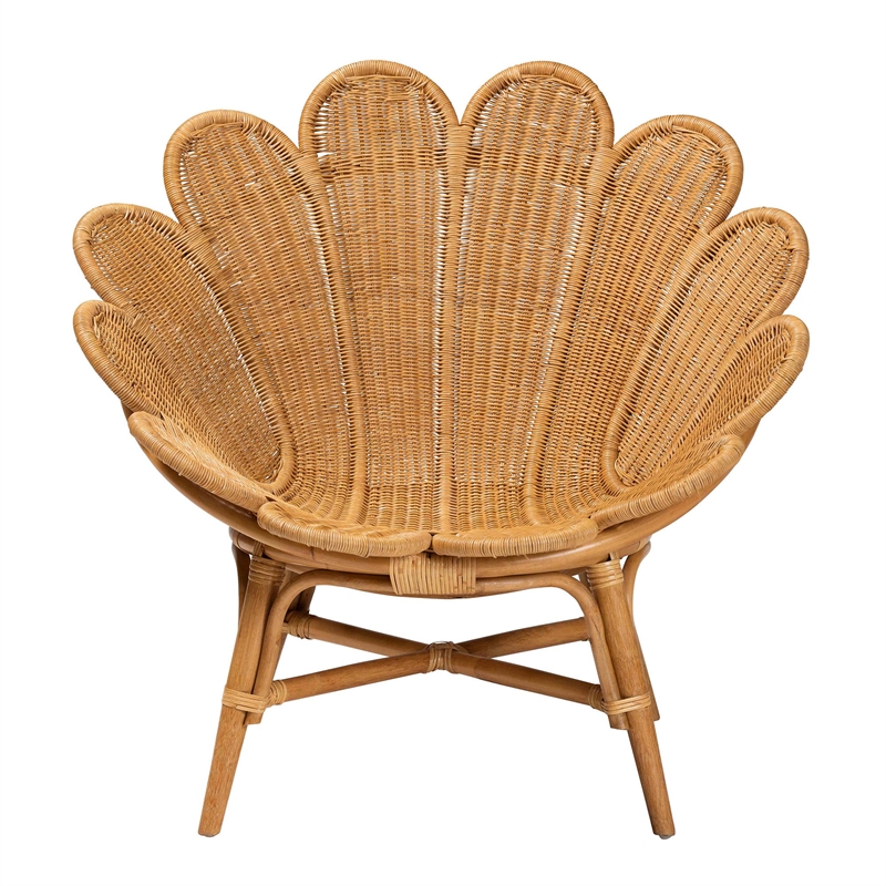 Pemberly Row Honey Rattan Scalloped Accent Chair with Wide Seat