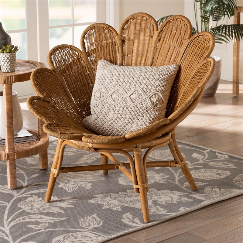Pemberly Row Honey Rattan Scalloped Accent Chair with Wide Seat
