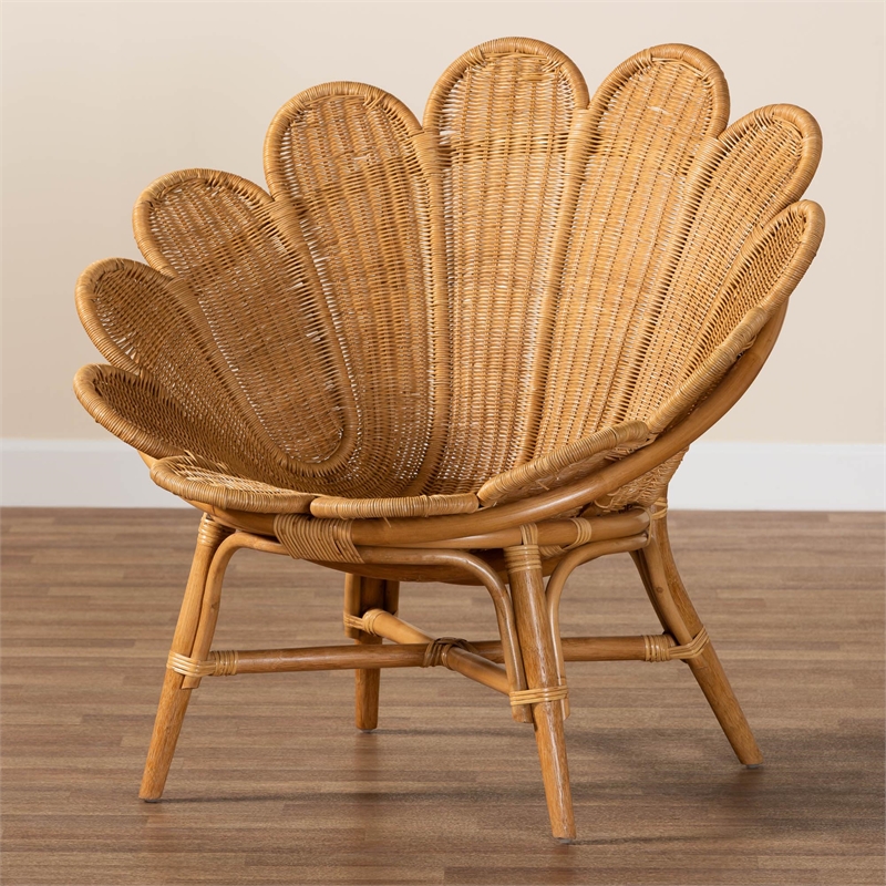 Pemberly Row Honey Rattan Scalloped Accent Chair with Wide Seat