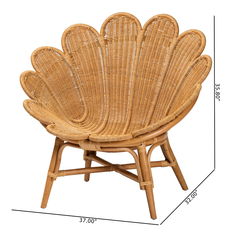 Pemberly Row Honey Rattan Scalloped Accent Chair with Wide Seat