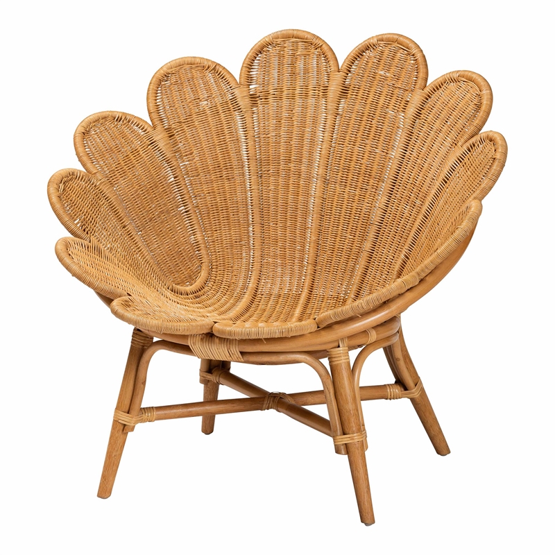Pemberly Row Honey Rattan Scalloped Accent Chair with Wide Seat