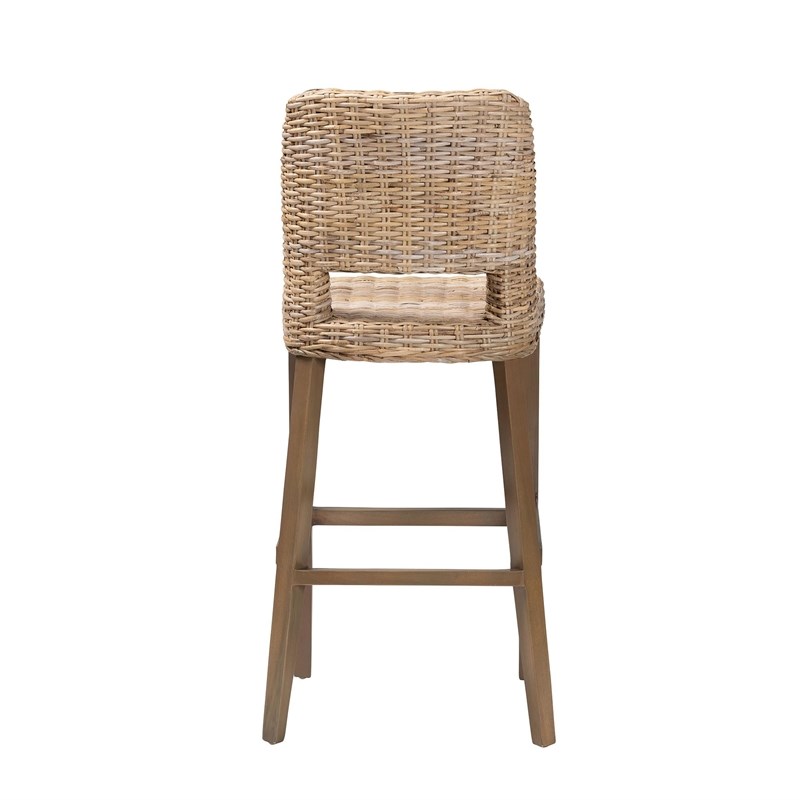 Pemberly Row Gray Kubu Rattan and Mahogany Wood Bar Stool with Footrest