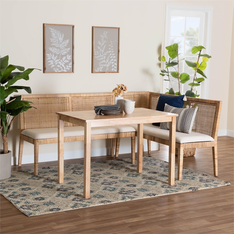 Pemberly Row Light Honey Rattan 3-Piece Dining Nook Set with Cushions