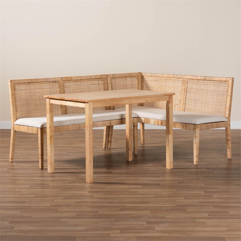 Pemberly Row Light Honey Rattan 3-Piece Dining Nook Set with Cushions