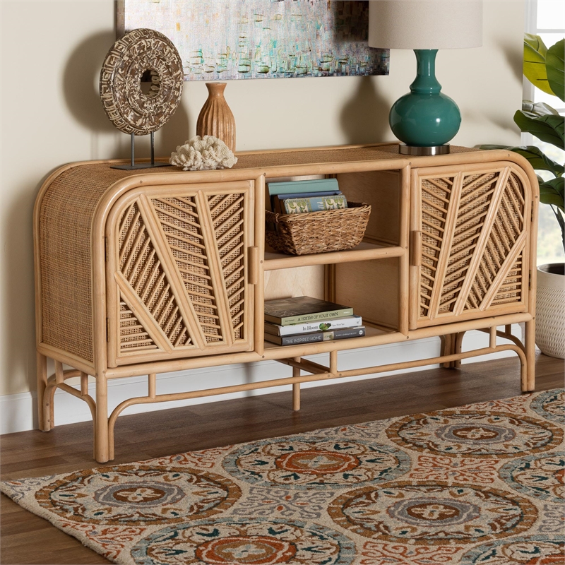 Pemberly Row Natural Rattan 2-Door Storage Cabinet with 6 Shelves
