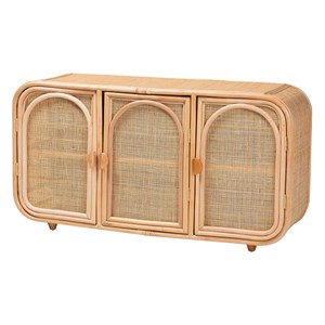 Pemberly Row Natural Rattan 3-Door Storage Cabinet with Wood Handles