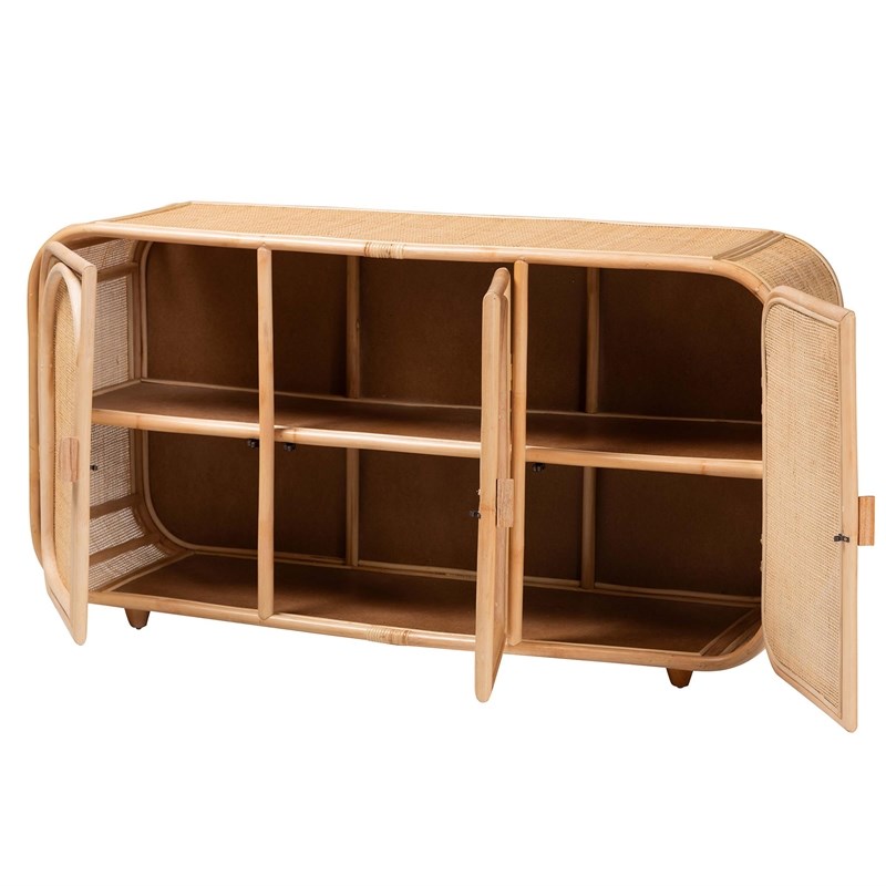 Pemberly Row Natural Rattan 3-Door Storage Cabinet with Wood Handles