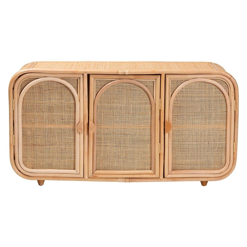 Pemberly Row Natural Rattan 3-Door Storage Cabinet with Wood Handles