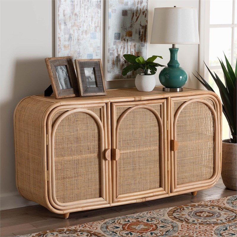 Pemberly Row Natural Rattan 3-Door Storage Cabinet with Wood Handles