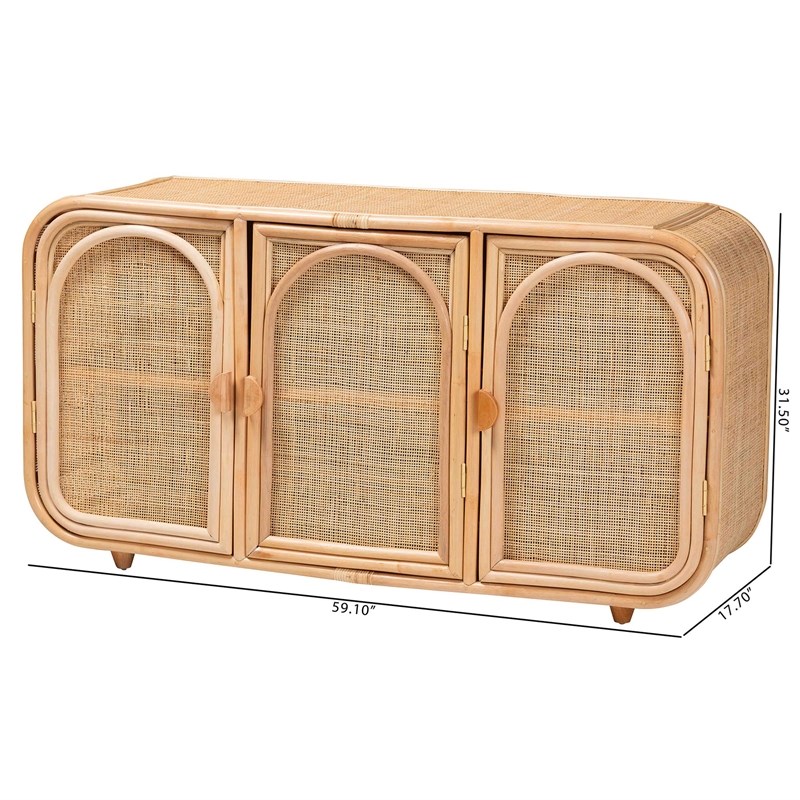 Pemberly Row Natural Rattan 3-Door Storage Cabinet with Wood Handles