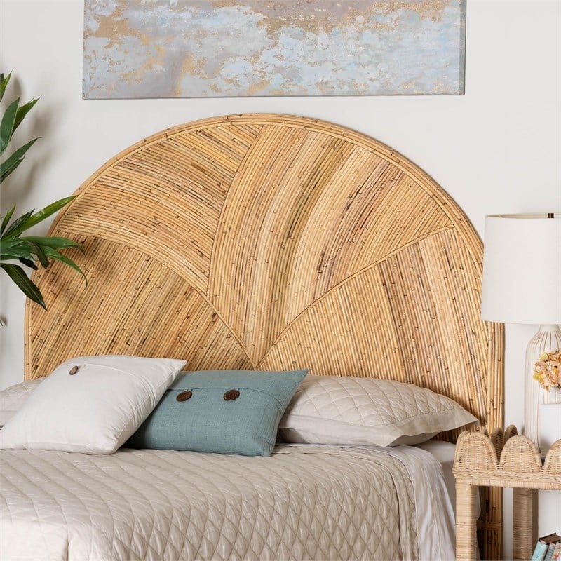 Pemberly Row Honey Rattan Queen Standalone Headboard with Round Silhouette
