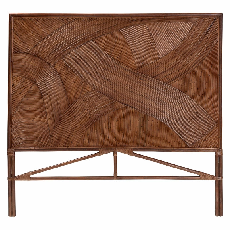 Pemberly Row Dark Brown Rattan Queen Standalone Headboard with Geometric Design