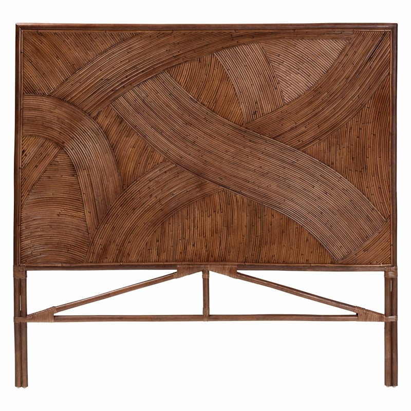 Pemberly Row Dark Brown Rattan King Standalone Headboard with Geometric Design