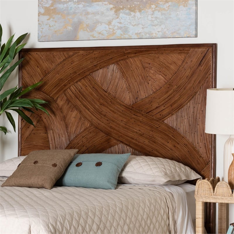 Pemberly Row Dark Brown Rattan King Standalone Headboard with Geometric Design