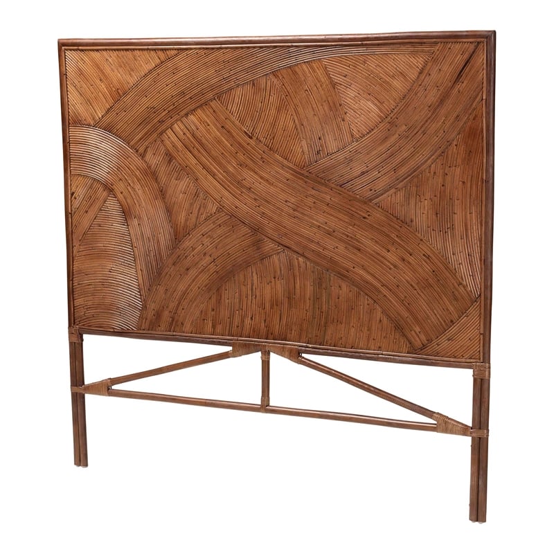 Pemberly Row Dark Brown Rattan King Standalone Headboard with Geometric Design