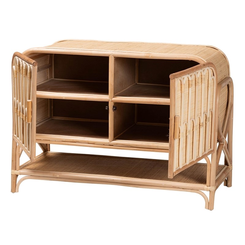 Pemberly Row Natural Rattan 2-Door Storage Cabinet with 5 Shelves