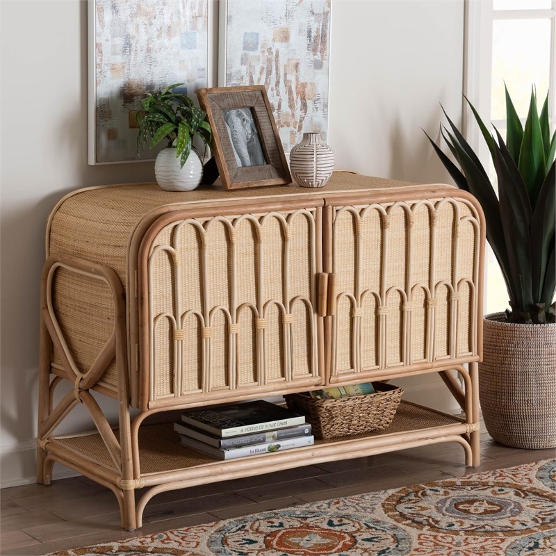 Pemberly Row Natural Rattan 2-Door Storage Cabinet with 5 Shelves