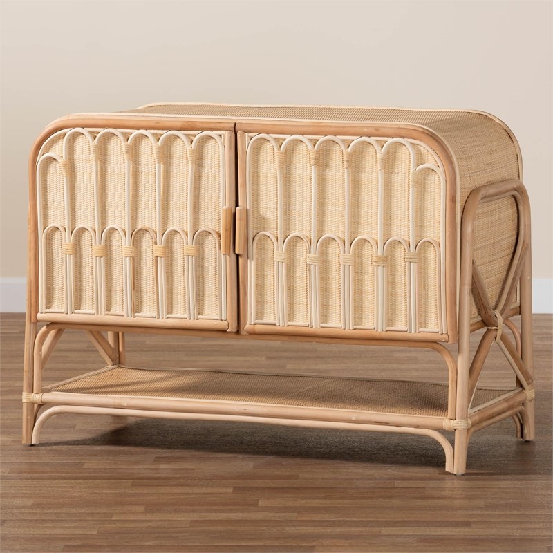 Pemberly Row Natural Rattan 2-Door Storage Cabinet with 5 Shelves