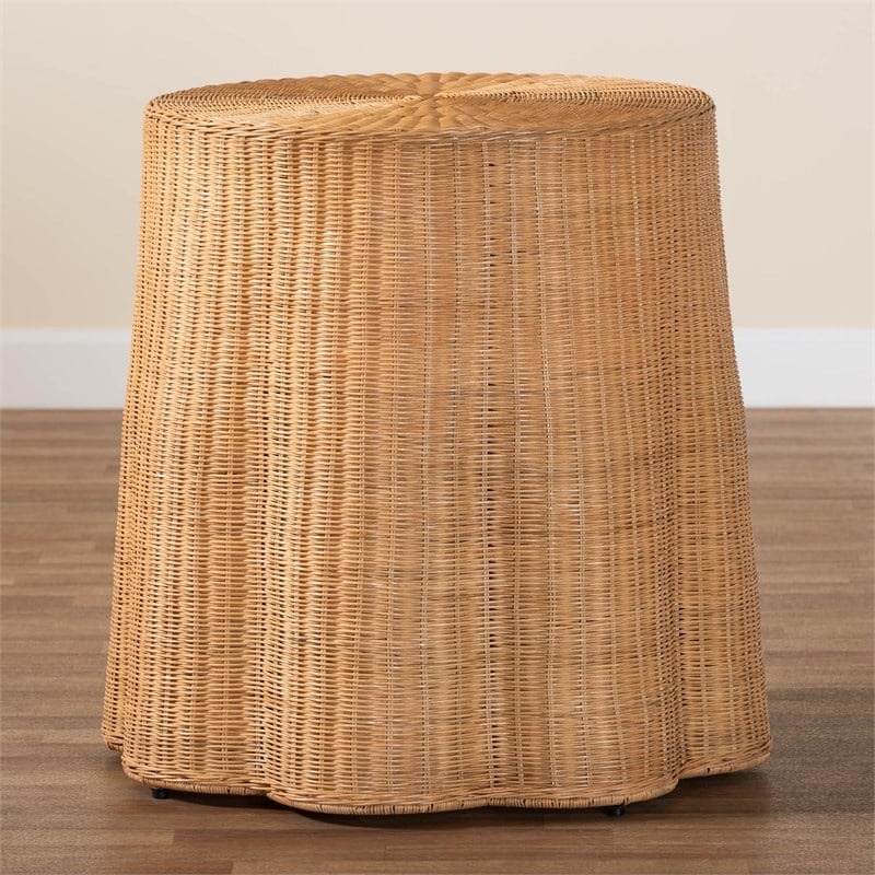 Pemberly Row Honey Rattan Round Console Table with Scalloped Base
