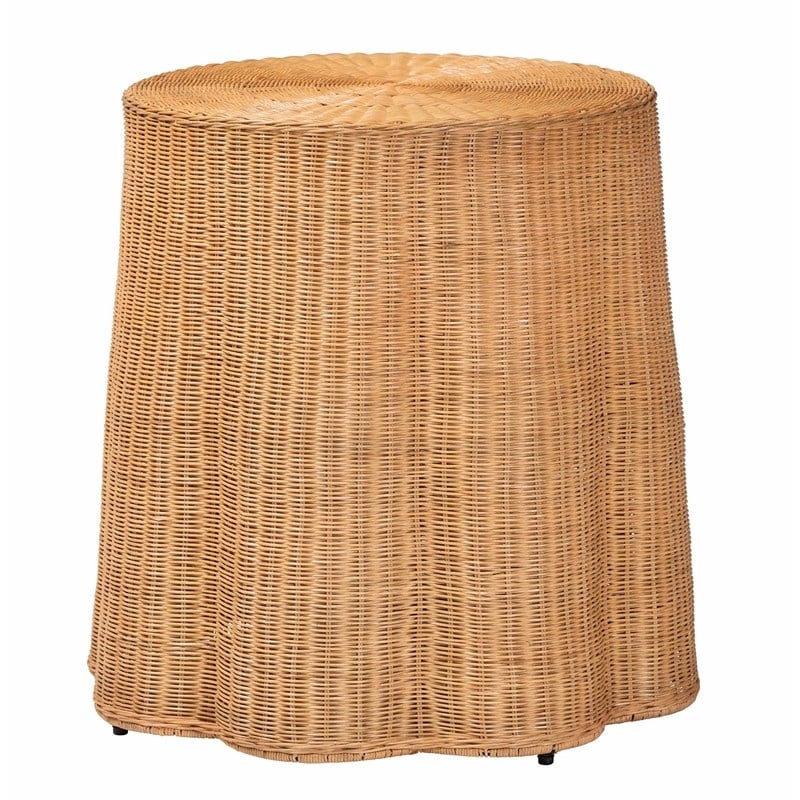 Pemberly Row Honey Rattan Round Console Table with Scalloped Base