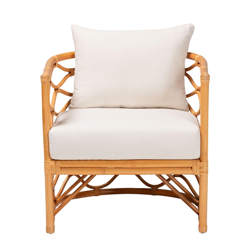 Pemberly Row Light Honey Rattan Arm Chair with Cushions and U-Shaped Base