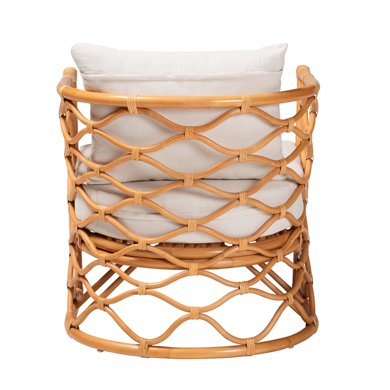 Pemberly Row Light Honey Rattan Arm Chair with Cushions and U-Shaped Base