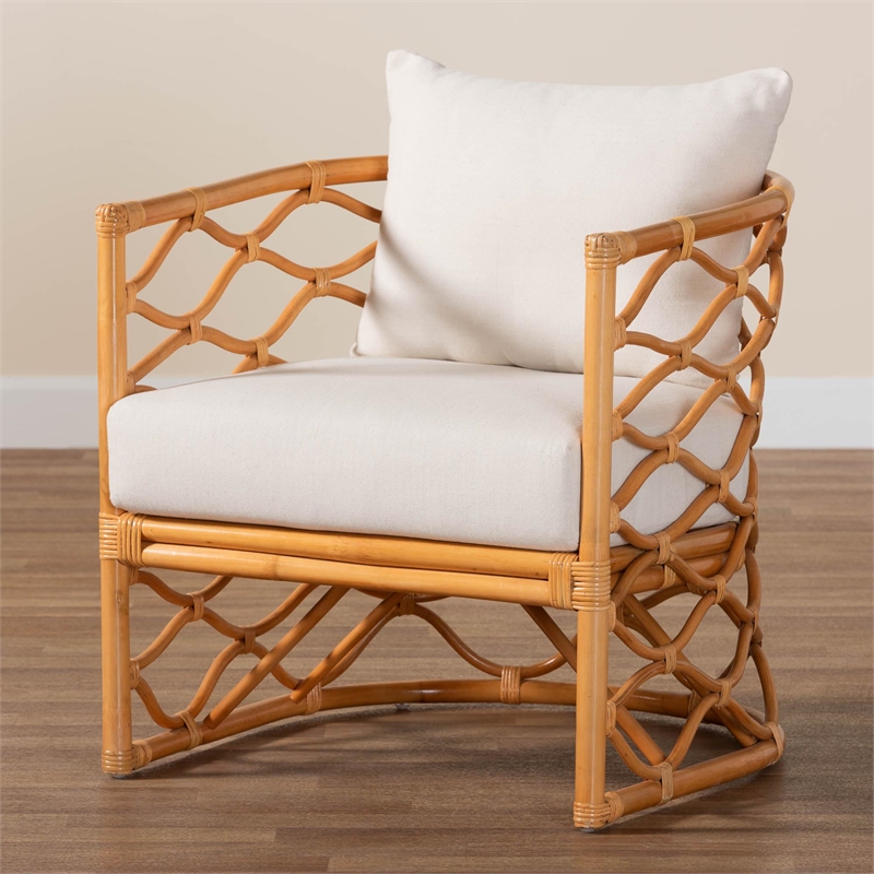 Pemberly Row Light Honey Rattan Arm Chair with Cushions and U-Shaped Base