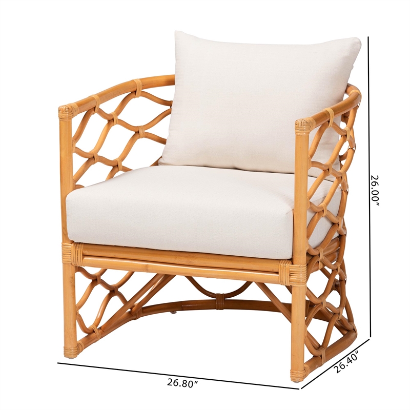 Pemberly Row Light Honey Rattan Arm Chair with Cushions and U-Shaped Base