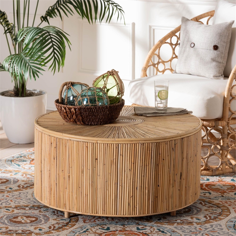 Pemberly Row Light Honey Rattan Round Coffee Table with Geometric Detail