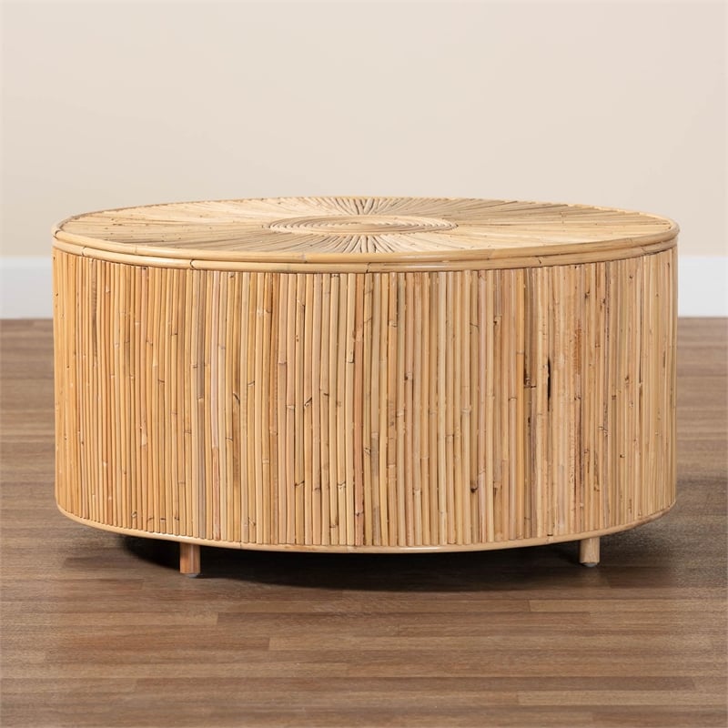 Pemberly Row Light Honey Rattan Round Coffee Table with Geometric Detail