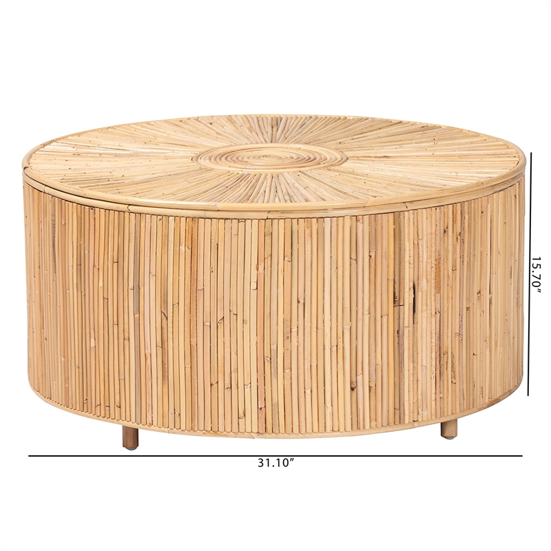 Pemberly Row Light Honey Rattan Round Coffee Table with Geometric Detail