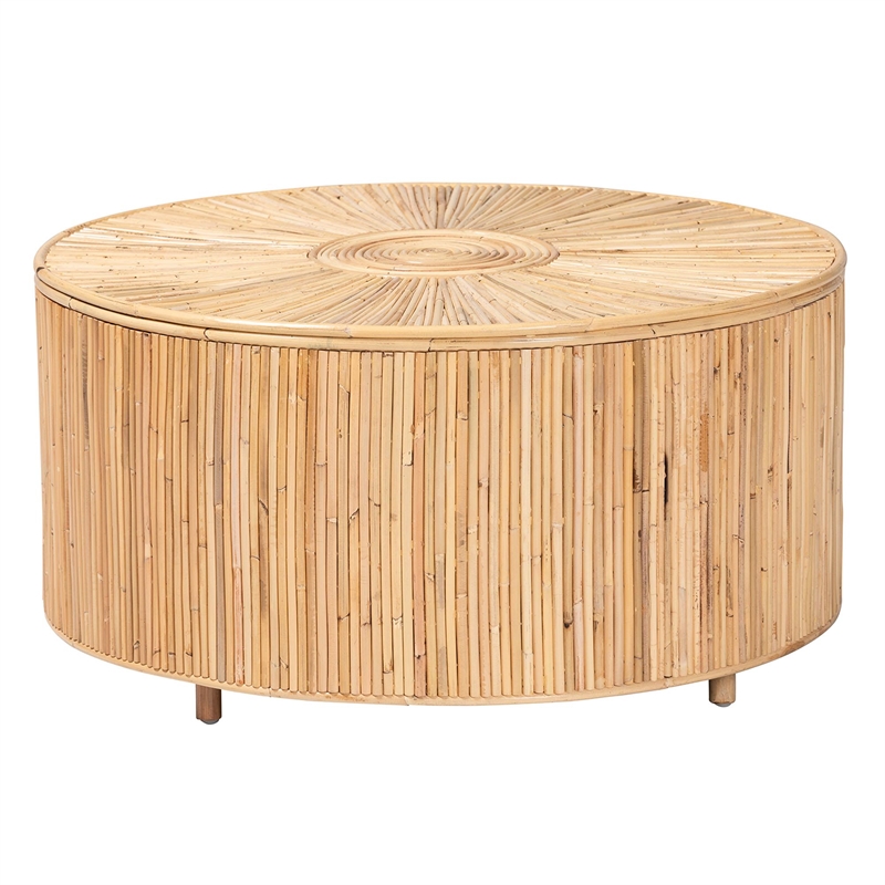 Pemberly Row Light Honey Rattan Round Coffee Table with Geometric Detail